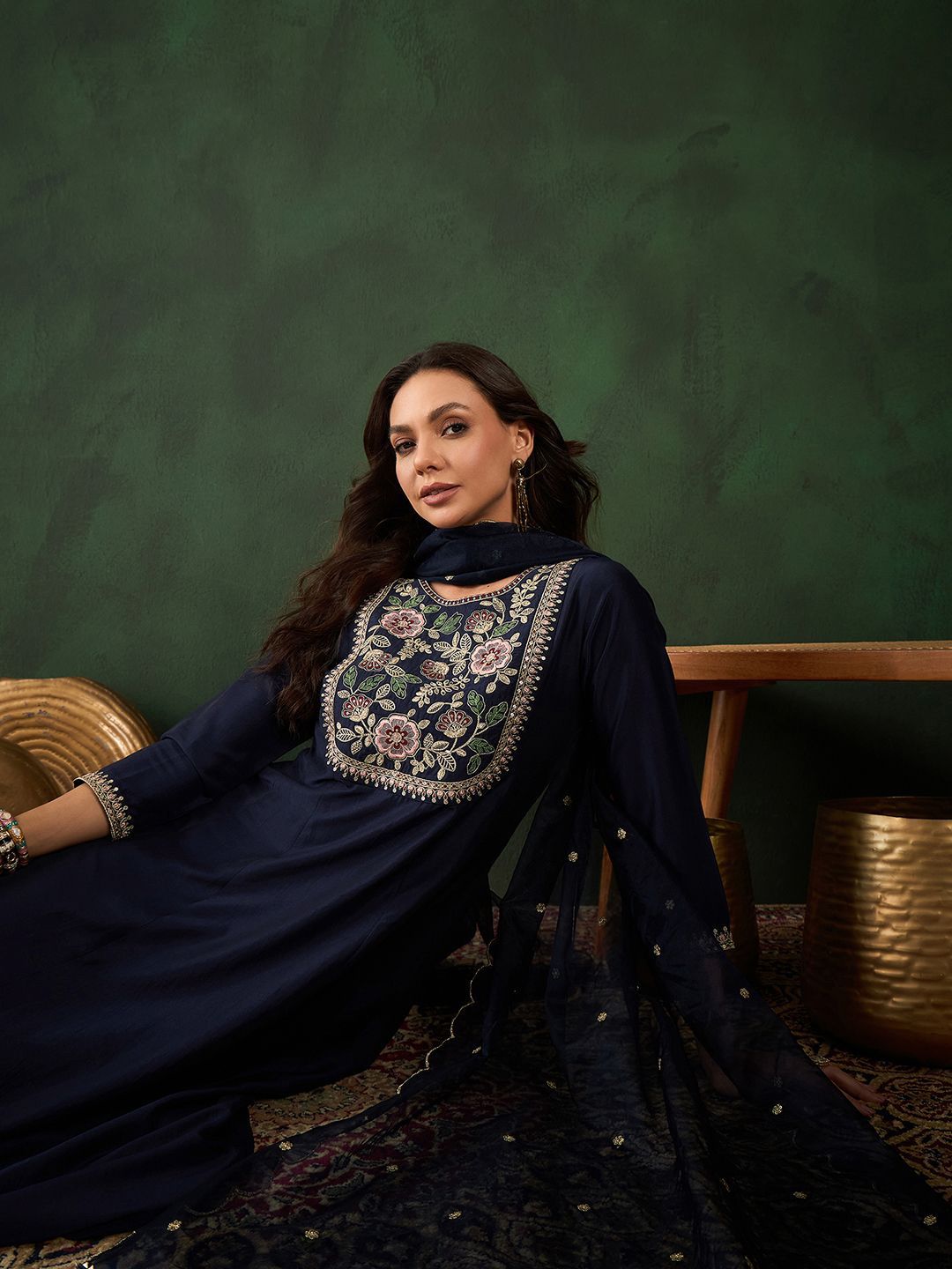 Dhiyona SN Women's Navy Blue Floral Yoke Design Sequinned A-Line Kurta With Trouser & Dupatta