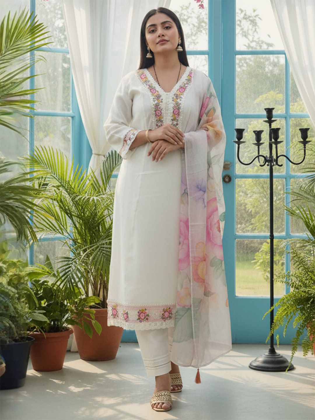 Women Floral Embroidered Thread Work Kurta with Trousers & Dupatta Kurta Sets