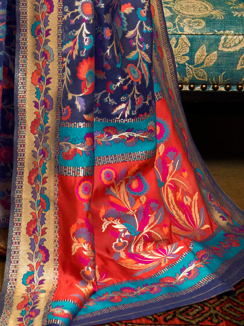 Women's Modal Navy Blue Woven Design Woven saree With Blouse Piece