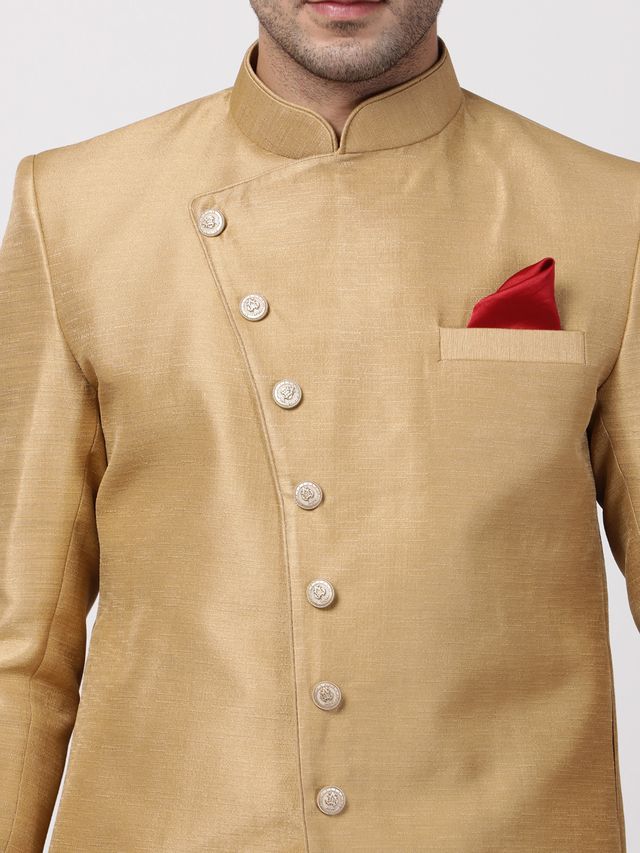 Men's Beige Silk Blend Straight Sherwani Set