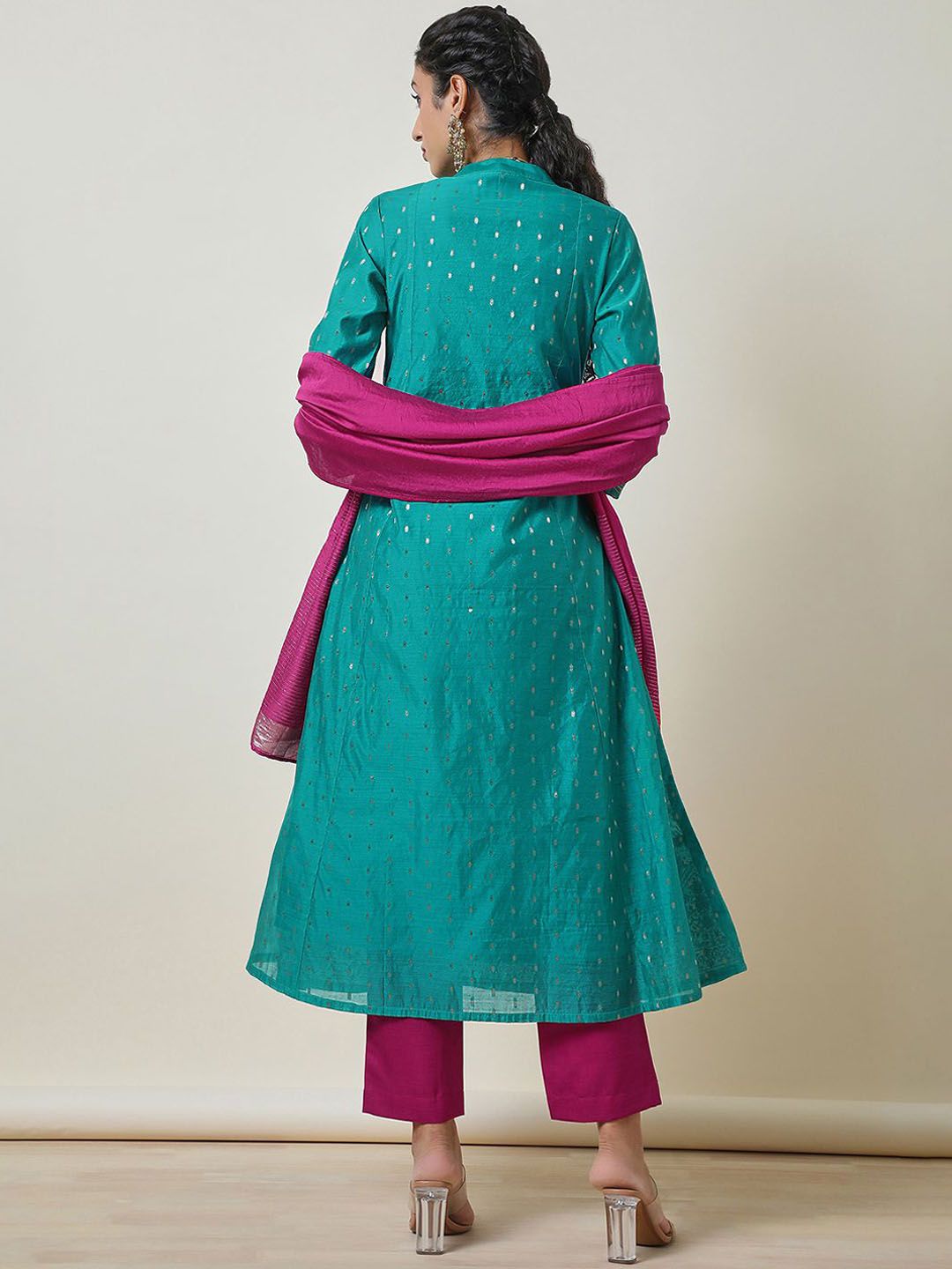 Dhiyona SO Women's Alina Cut Woven Design Mandarin Collar Thread Work Chanderi Silk Kurta &Trouser & Dupatta