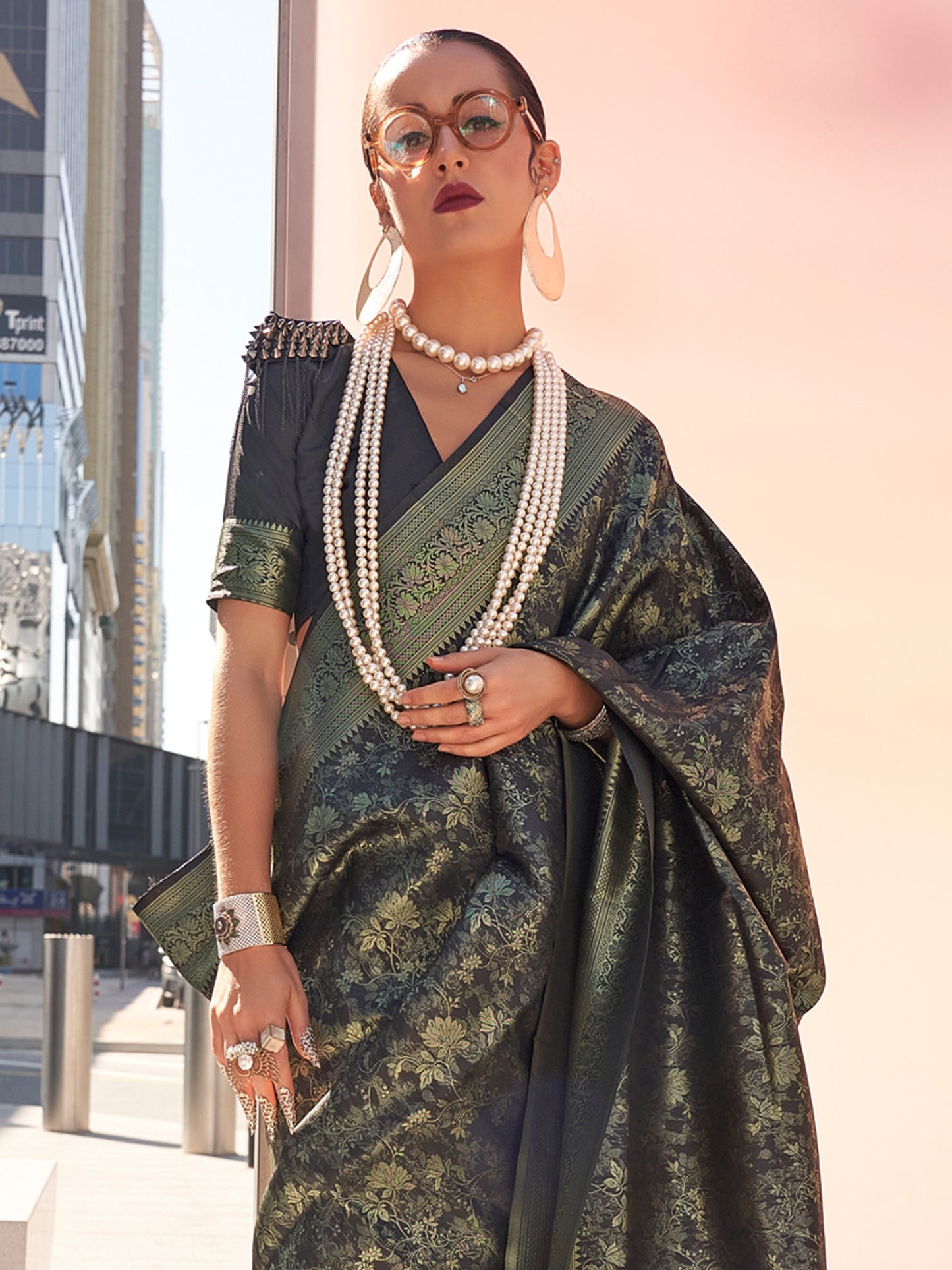 Women's Kanjeevaram Silk Black Woven Design Designer Saree With Blouse Piece