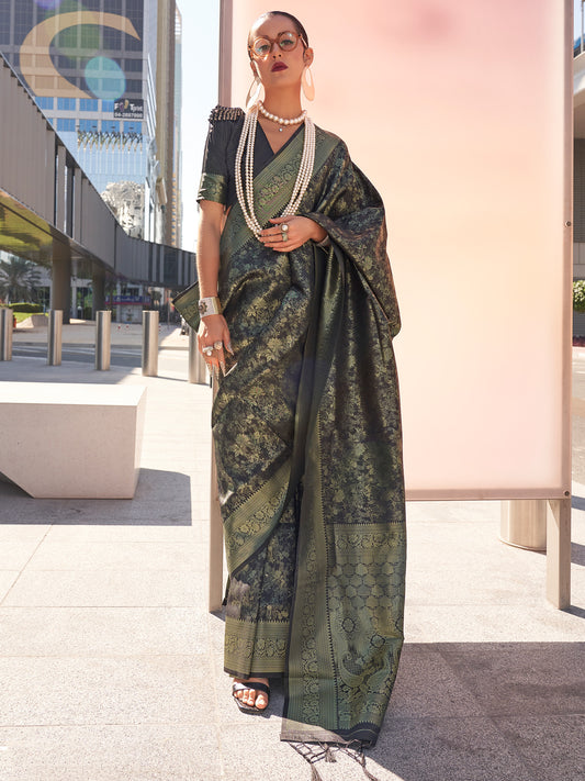 Women's Kanjeevaram Silk Black Woven Design Designer Saree With Blouse Piece