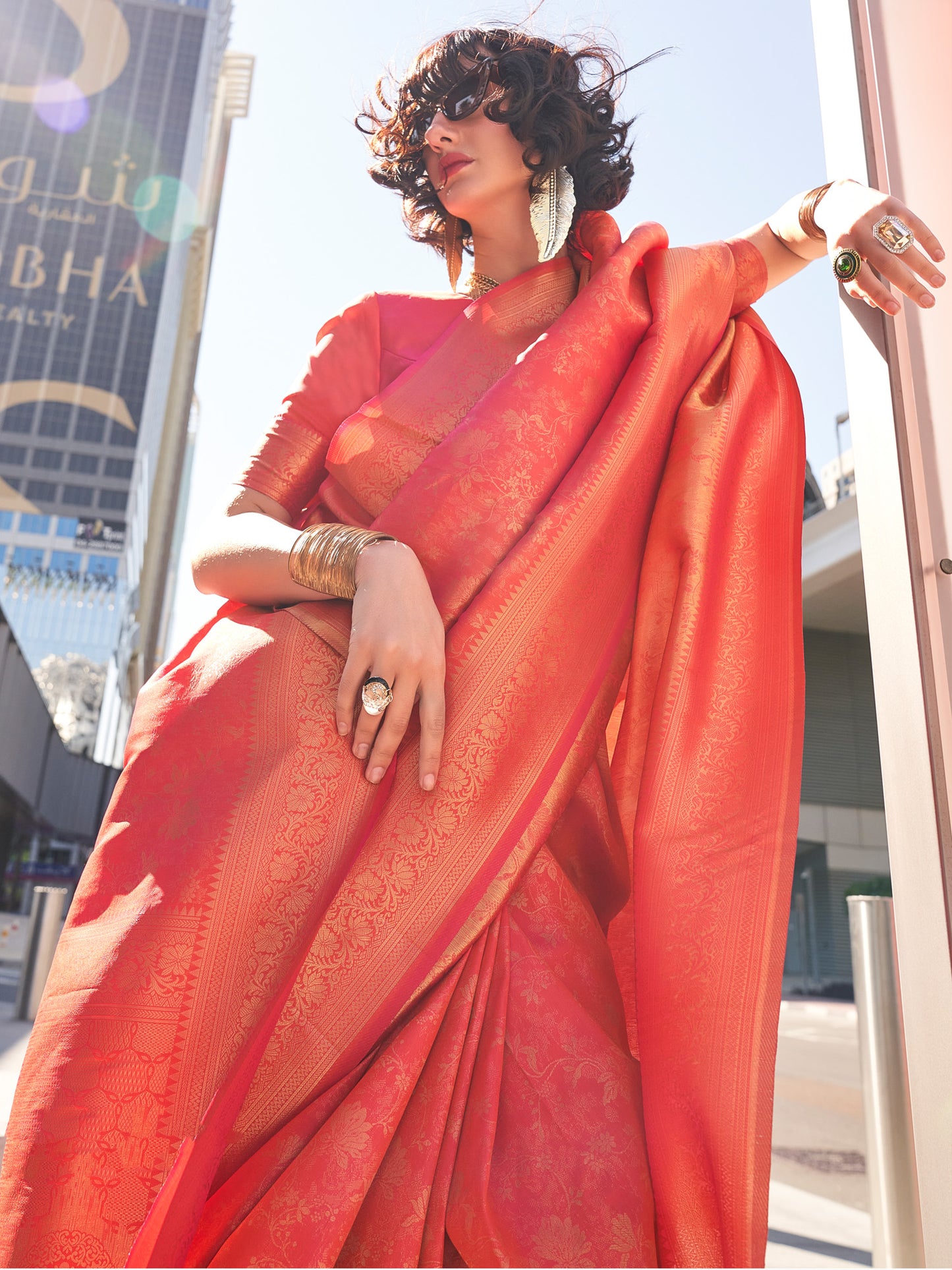 Women's Kanjeevaram Silk Peach Woven Design Designer Saree With Blouse Piece