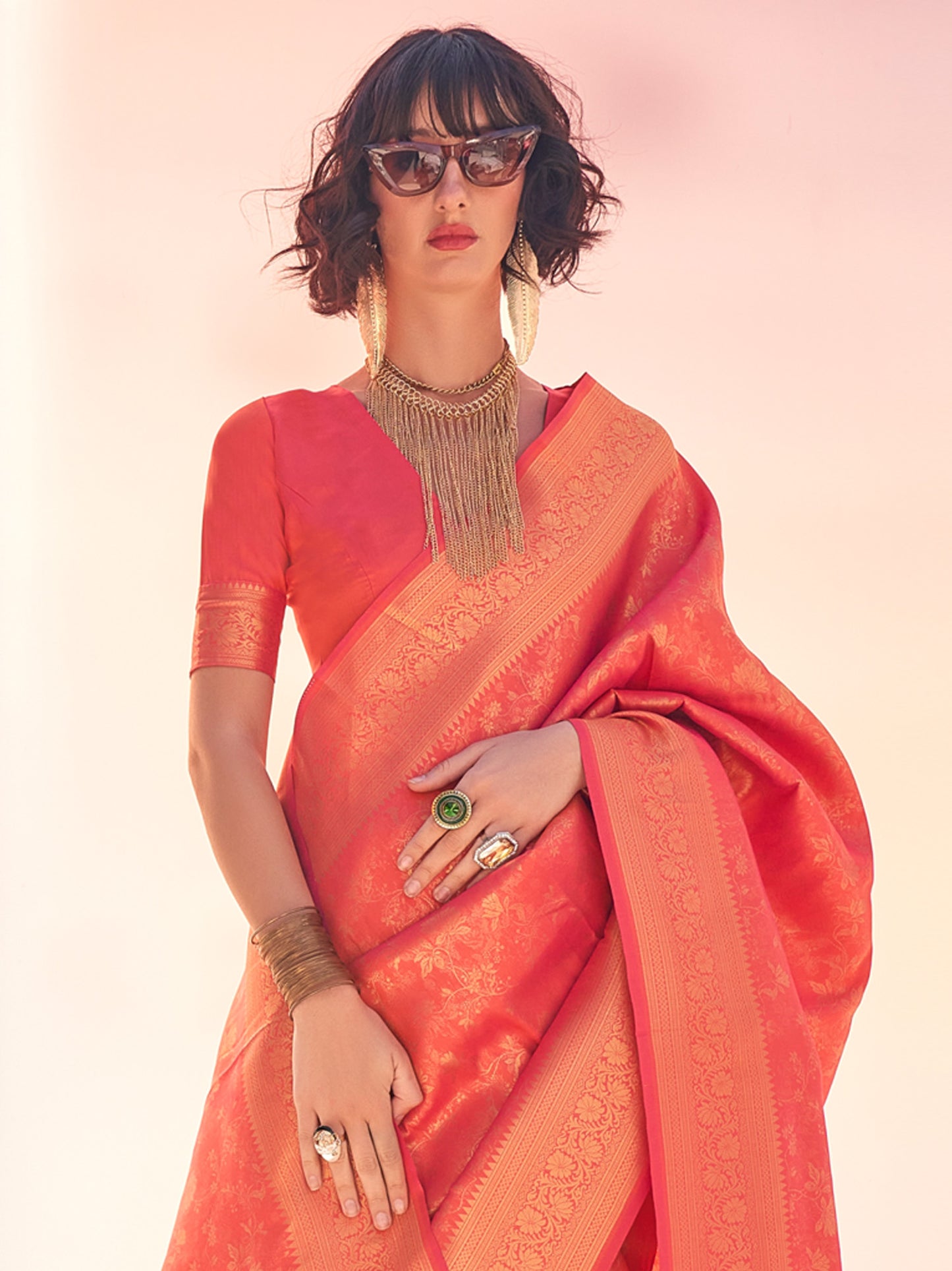 Women's Kanjeevaram Silk Peach Woven Design Designer Saree With Blouse Piece