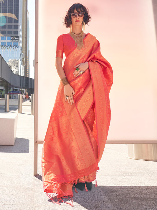 Women's Kanjeevaram Silk Peach Woven Design Designer Saree With Blouse Piece