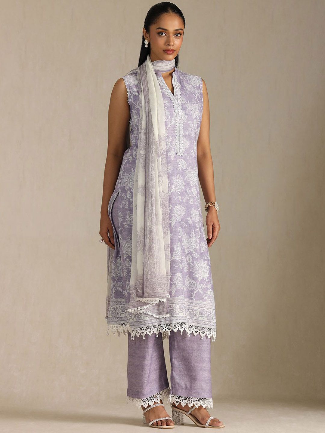 Dhiyona SO Women's Women Printed Regular Beads and Stones Linen Kurta with Palazzos & With Dupatta