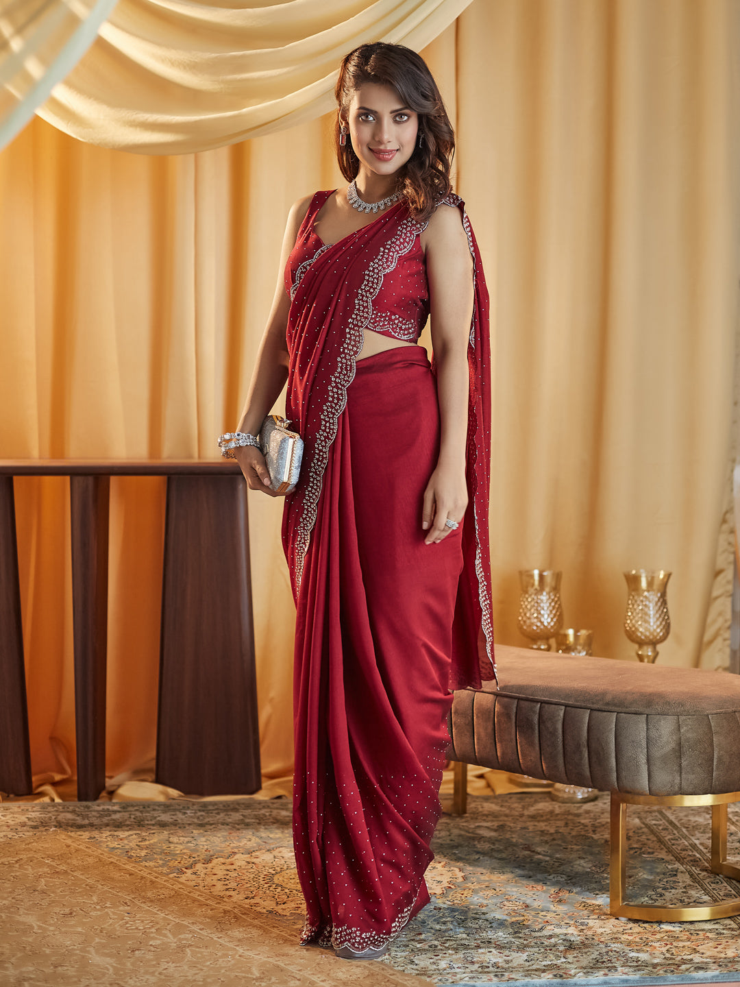 Dhiyona KS Women's Embellished Beads and Stones Silk Blend Saree