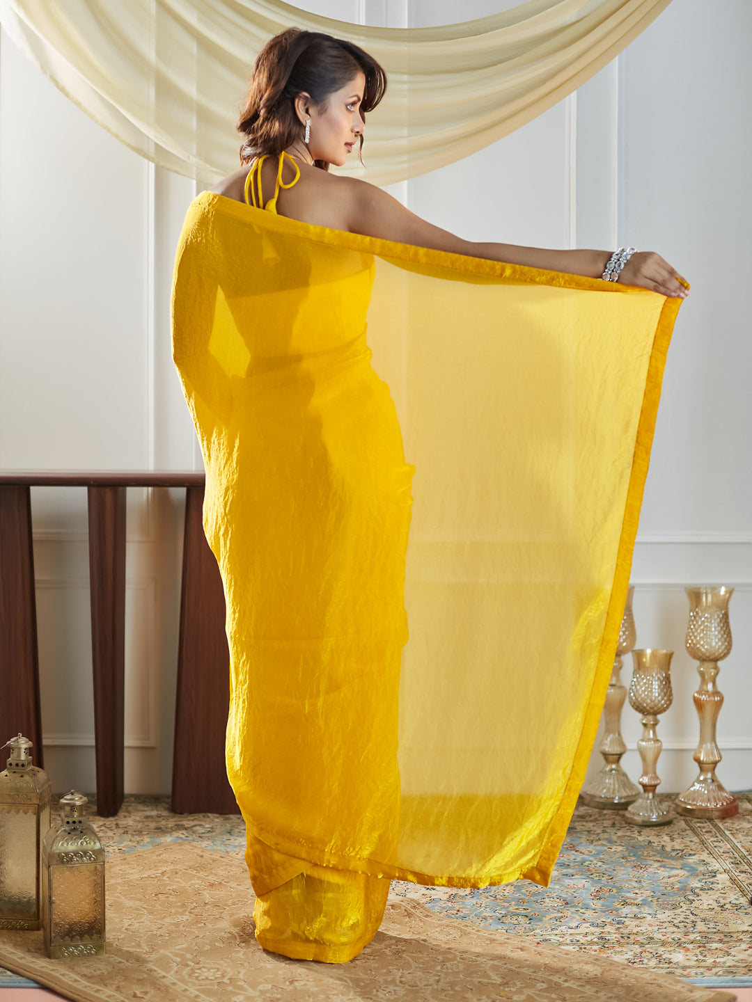 Dhiyona KS Women's women yellow solid silk saree