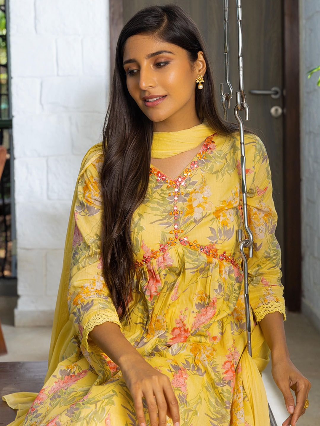 Dhiyona SN Women's Yellow Floral Printed Empire Pure Cotton Anarkali Kurta With Trousers & Dupatta