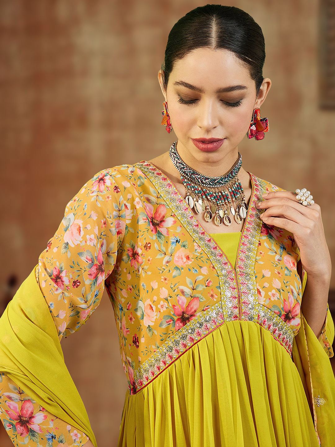 Dhiyona SN Women's Floral Yoke Design Empire Sequinned Georgette A-Line Kurta With Trouser & Dupatta