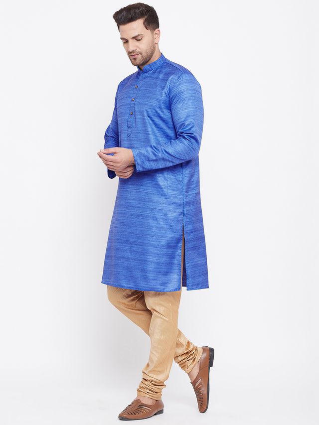 Men's Blue Silk Blend Straight Kurta Pyjama Set