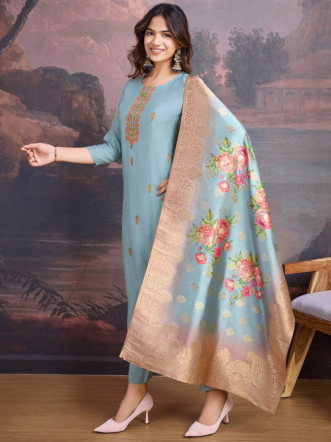 Dhiyona PD Women Floral Embroidered Kurta With Trouser & Dupatta