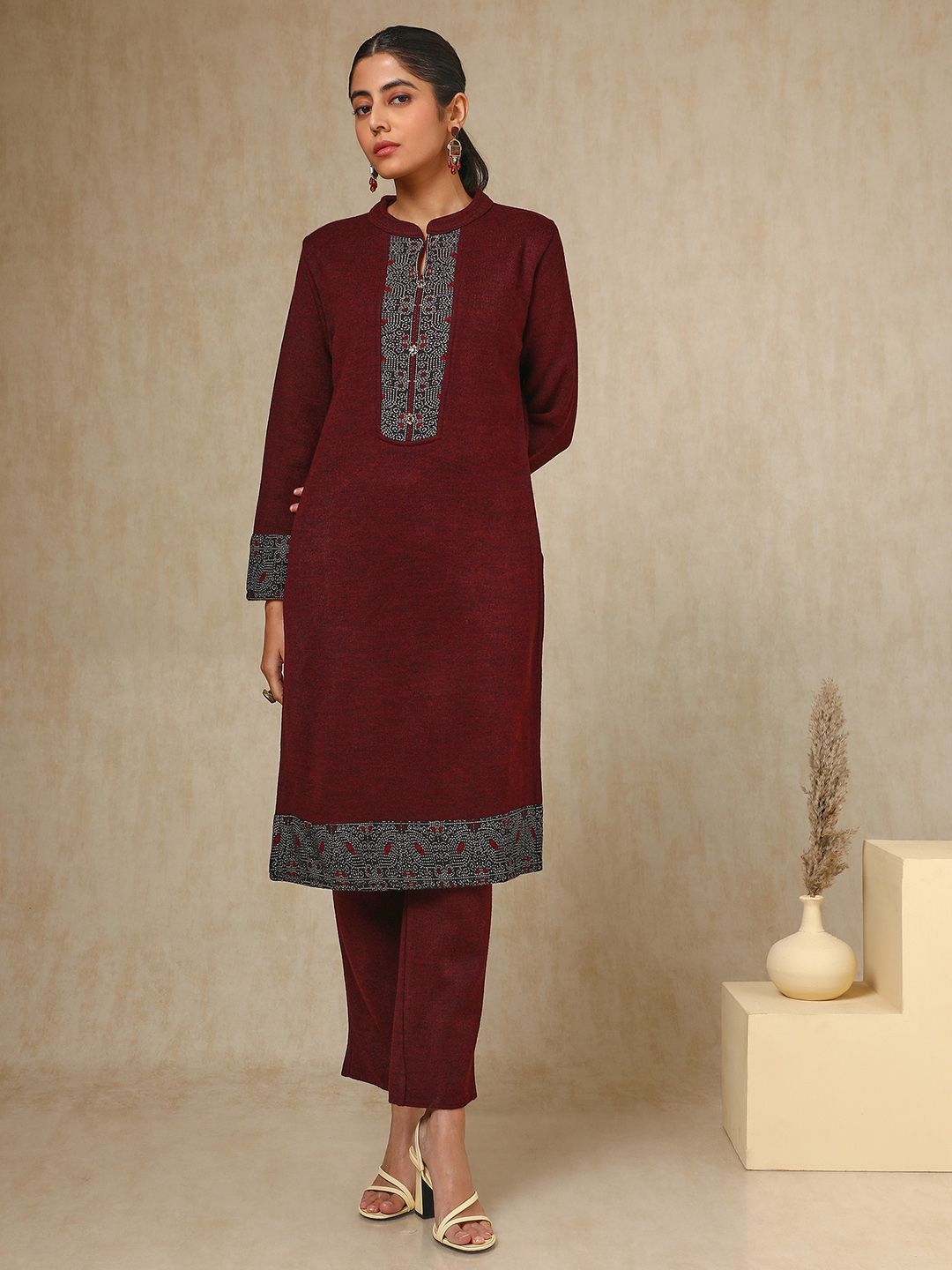 Dhiyona SO Women's Maroon Floral Woven Design Acrylic Straight Kurta With Trouser & Dupatta