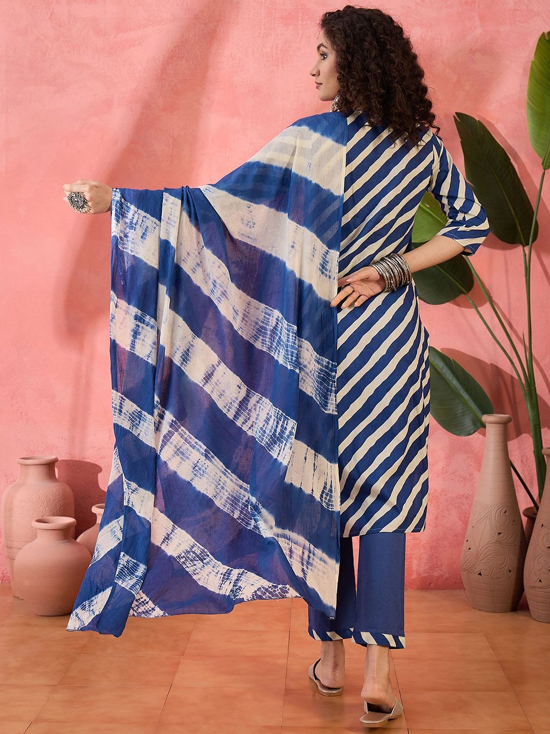 Dhiyona SN Women's Striped Notch Neck Sequinned Pure Cotton Straight Kurta With Trouser & Dupatta