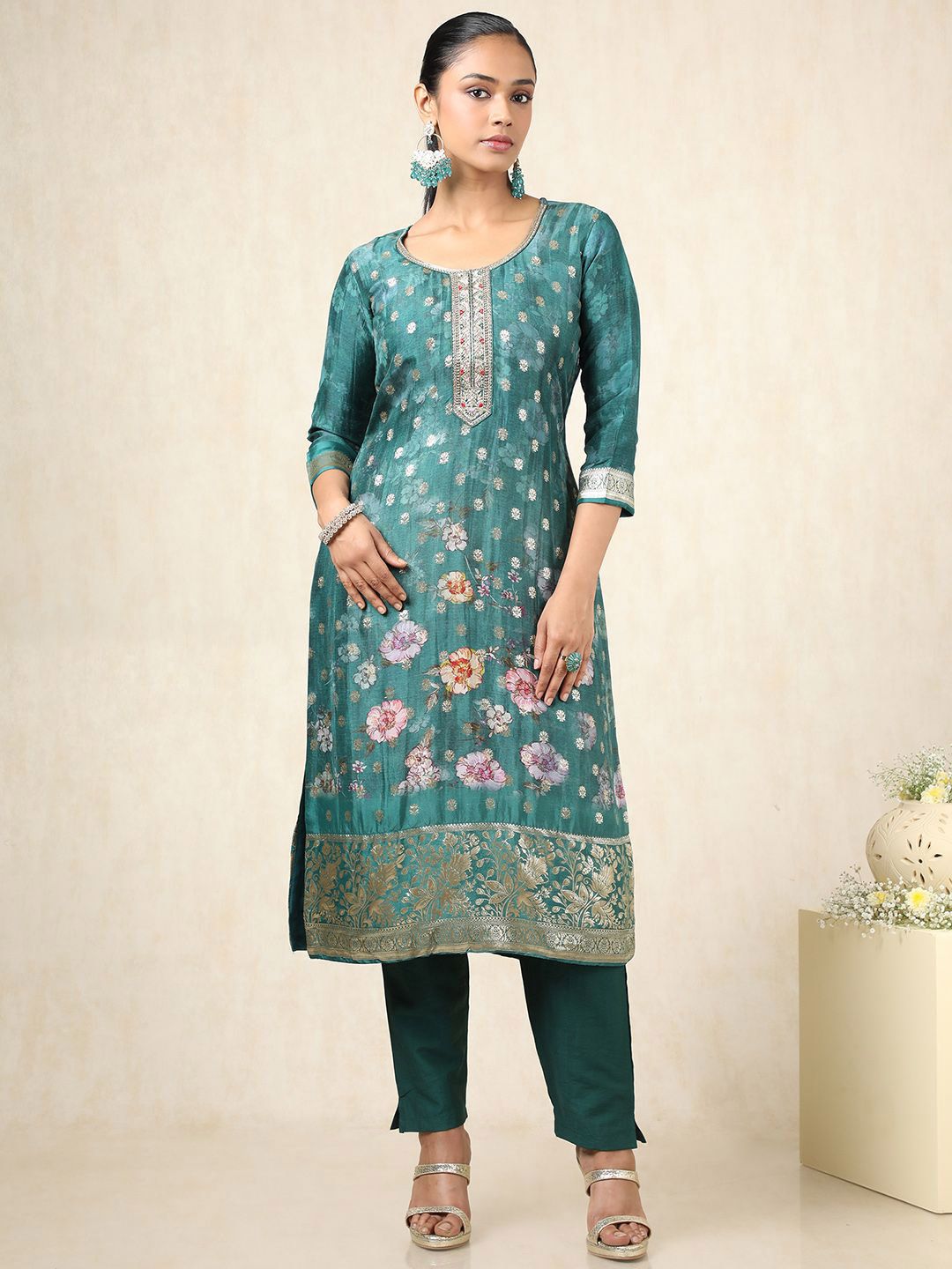 Dhiyona SO Women's Floral Brocade Woven Design Art Silk Straight Kurta With Trousers & Dupatta