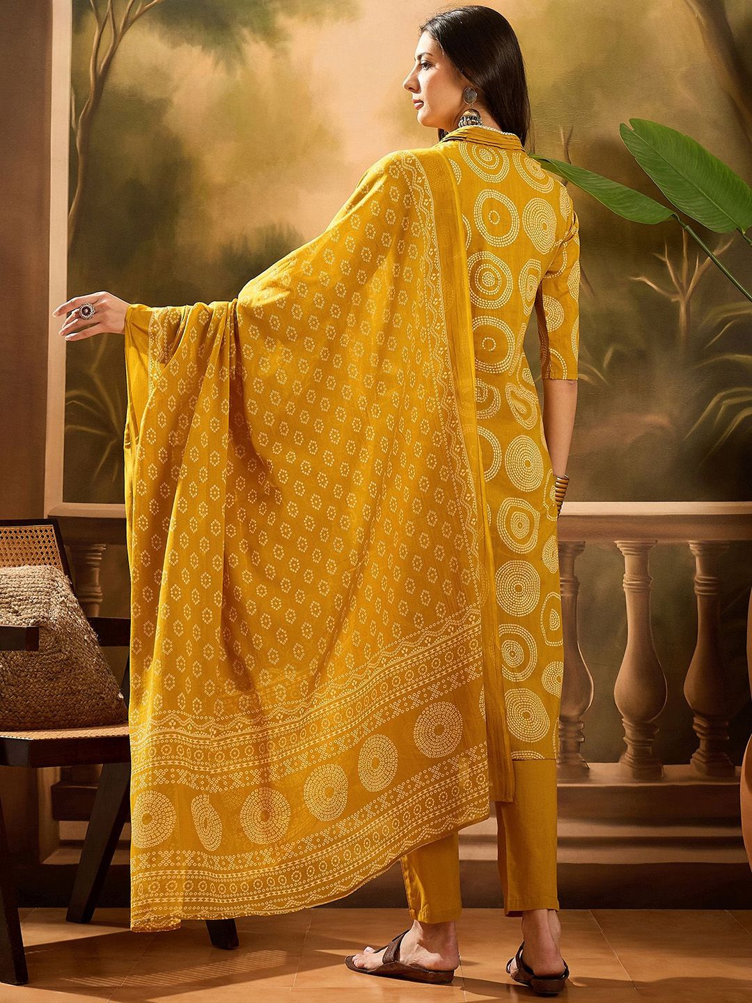 Dhiyona SN Women's Bandhani Printed Pure Cotton Straight Kurta With Trousers & Dupatta Set
