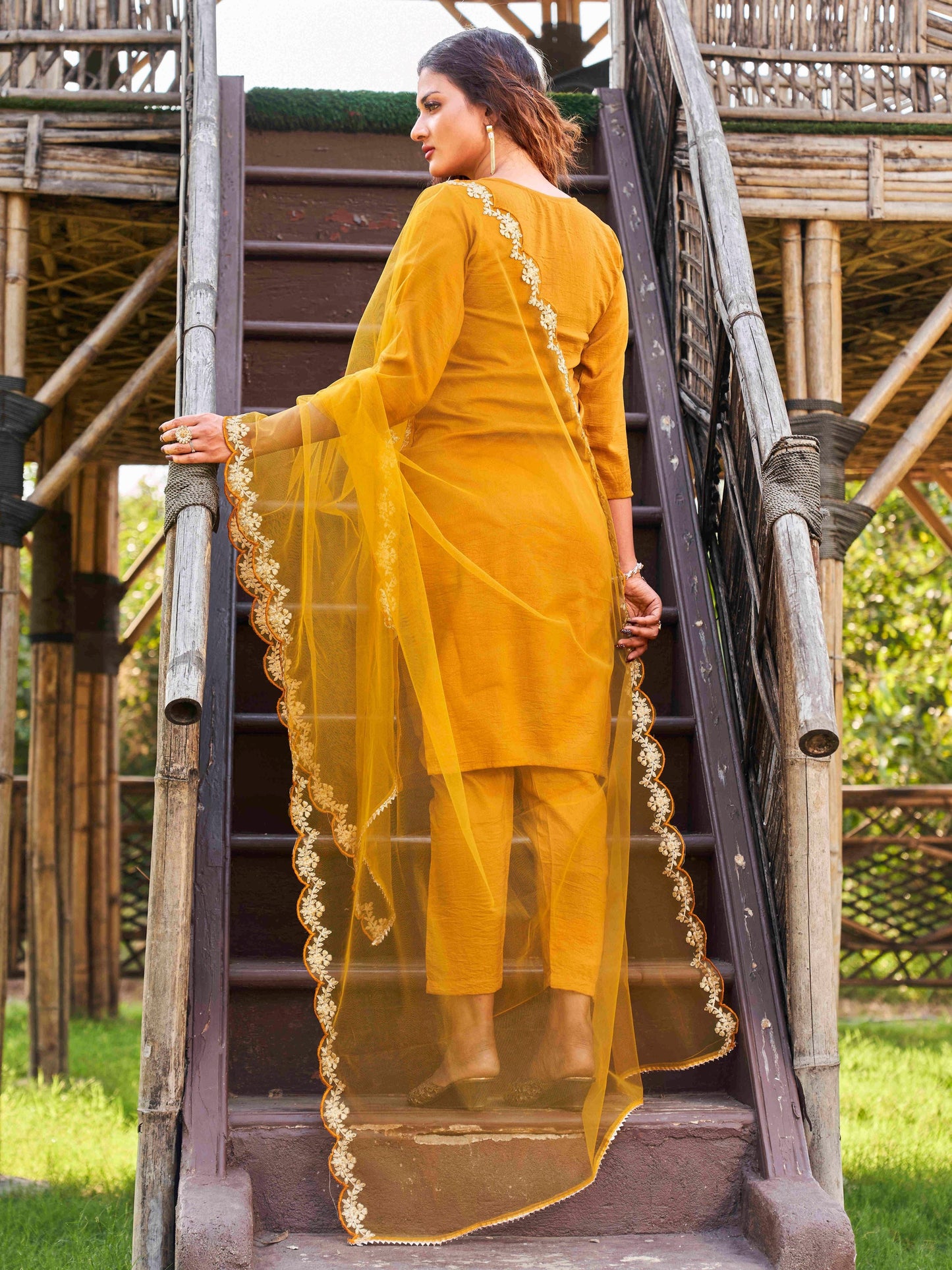 Dhiyona TI Women's Mustard Embroidered Kurta with Net Dupatta