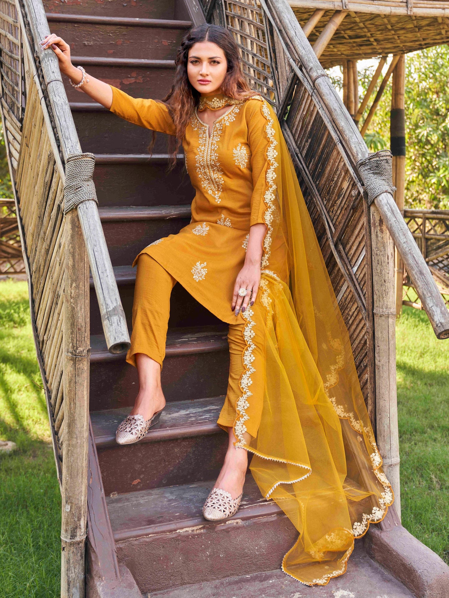 Dhiyona TI Women's Mustard Embroidered Kurta with Net Dupatta