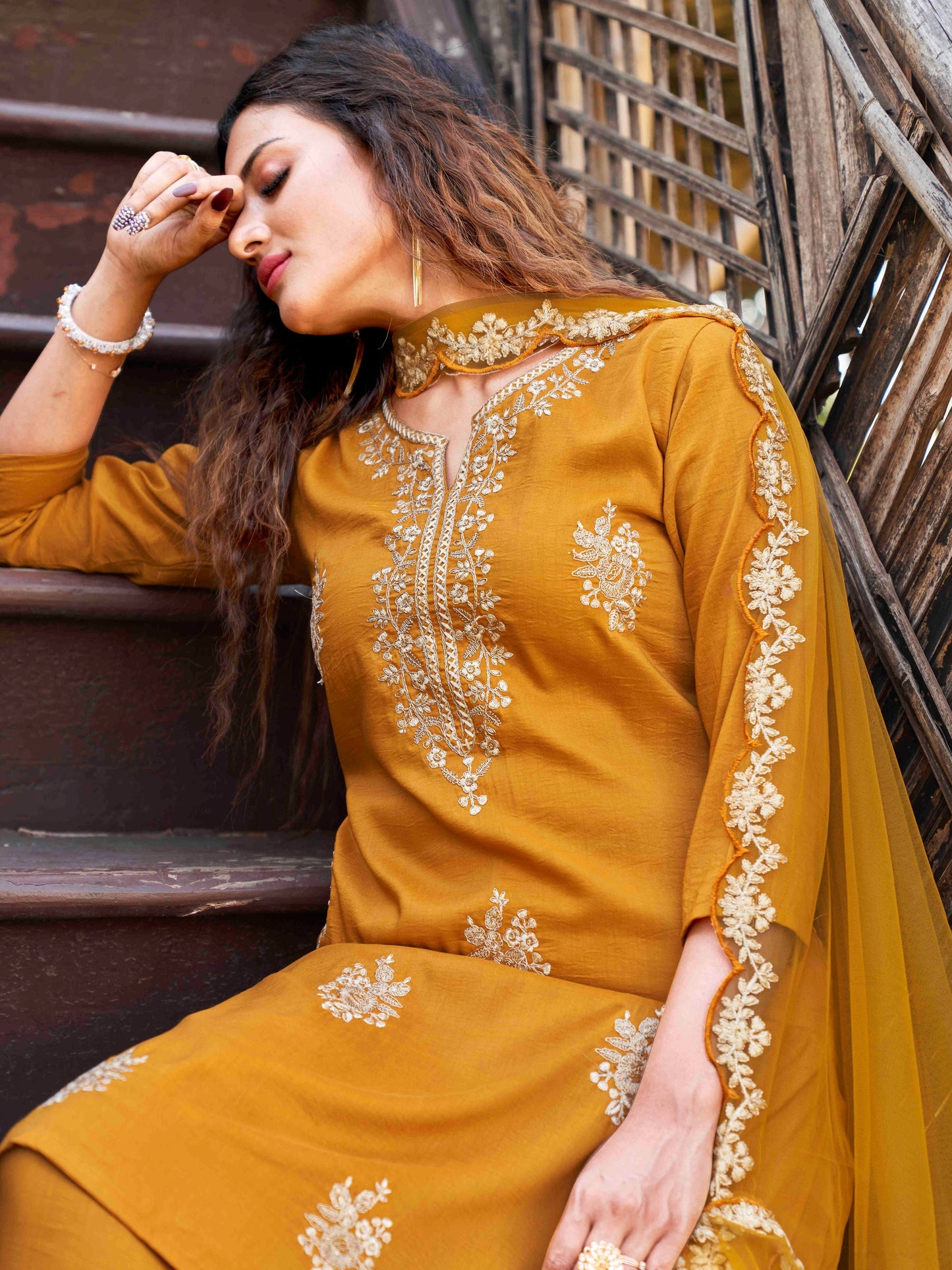 Dhiyona TI Women's Mustard Embroidered Kurta with Net Dupatta