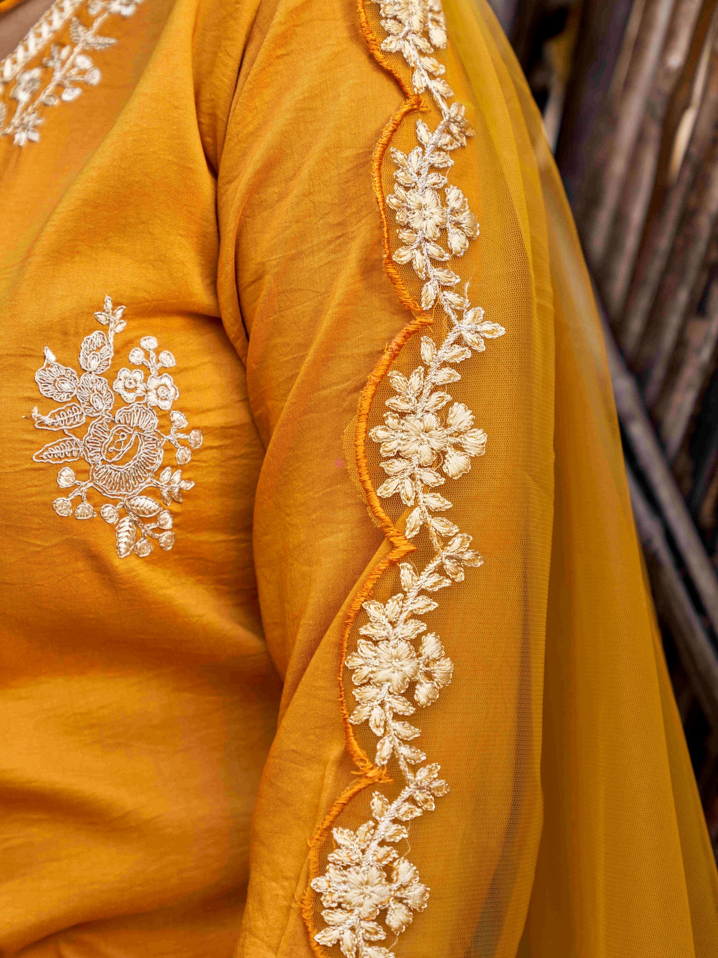 Dhiyona TI Women's Mustard Embroidered Kurta with Net Dupatta