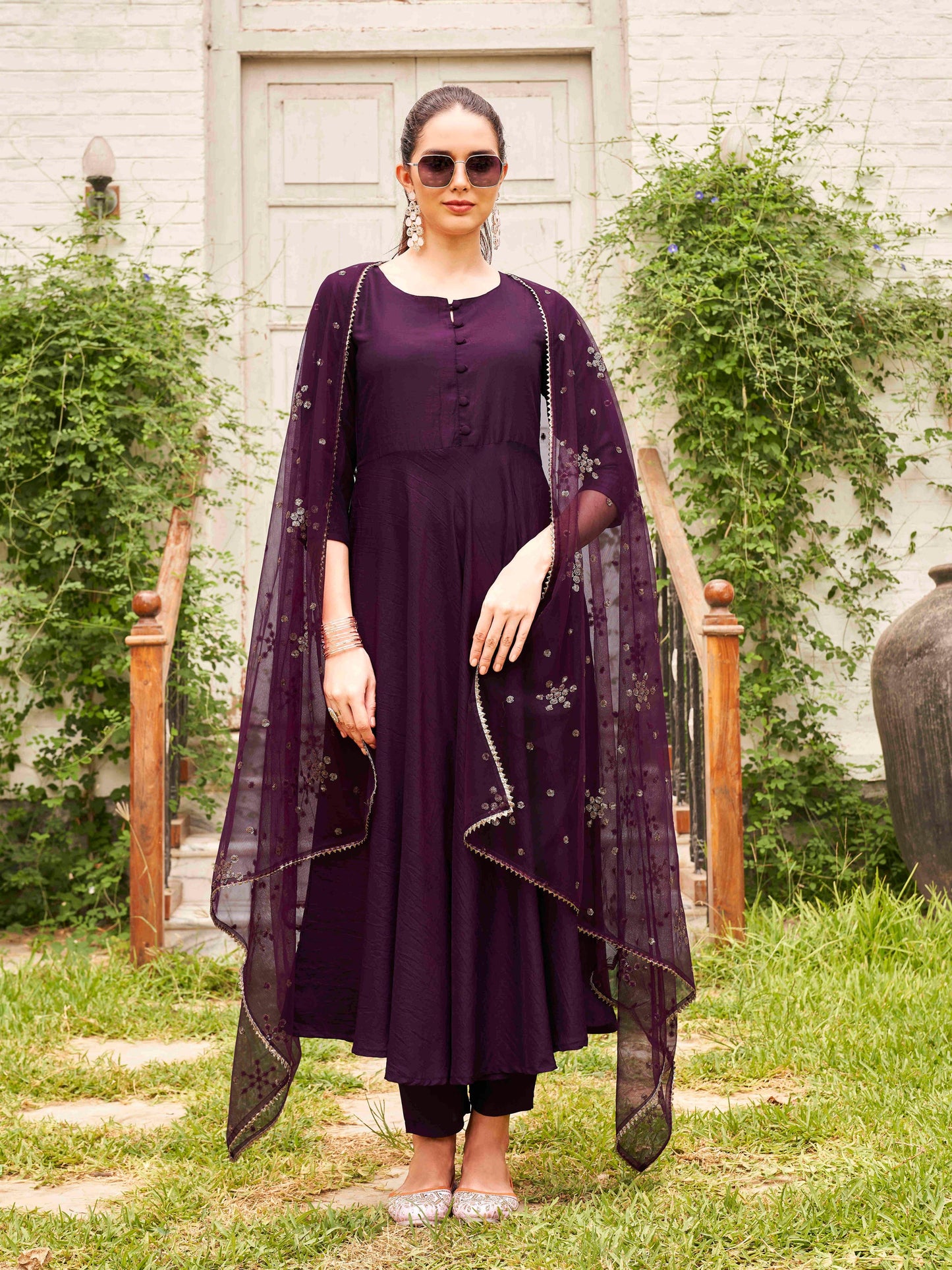 Dhiyona TI Women's Burgundy Poly Crepe Solid Flared Kurta with Pant and Dupatta