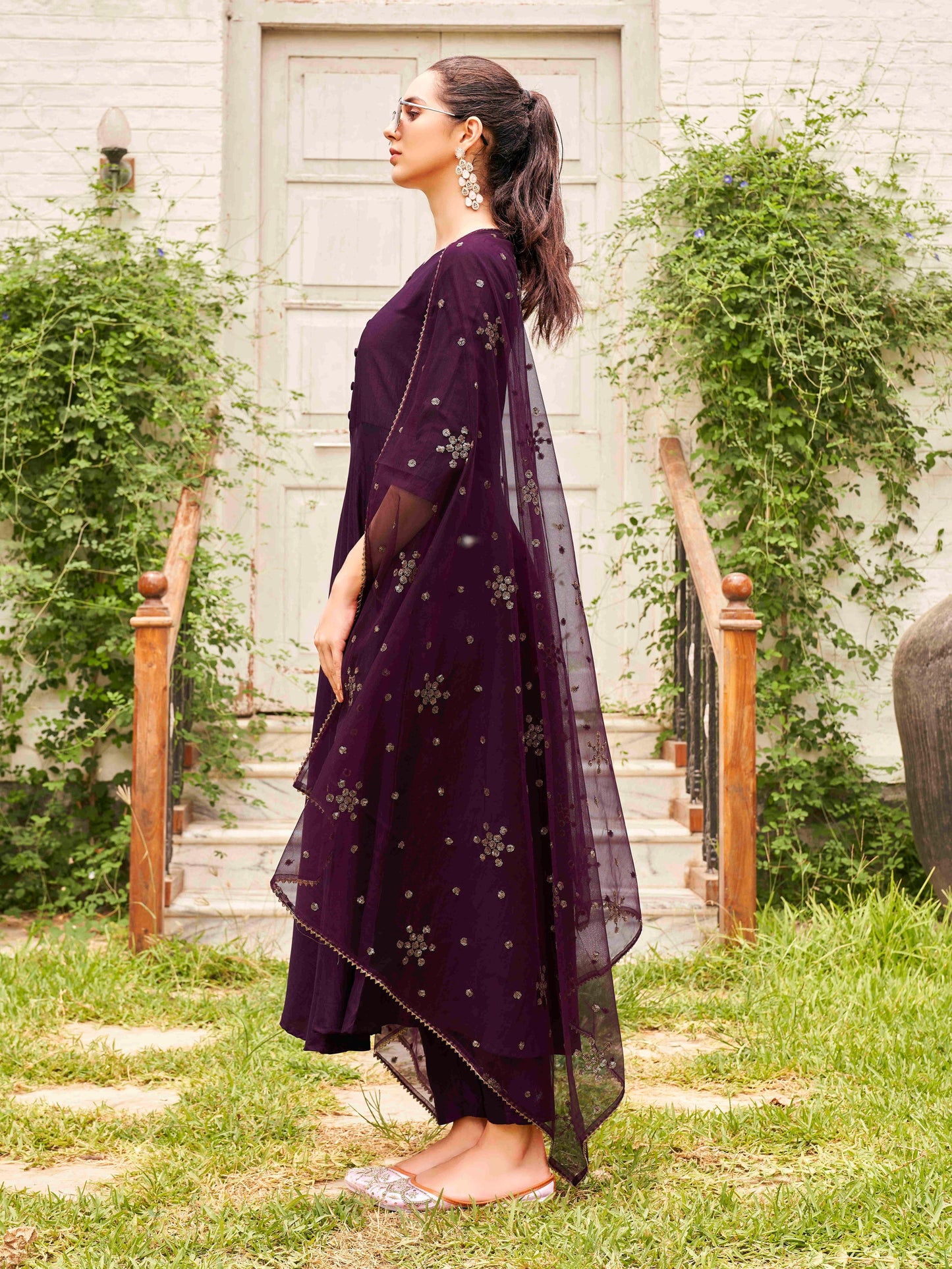 Dhiyona TI Women's Burgundy Poly Crepe Solid Flared Kurta with Pant and Dupatta