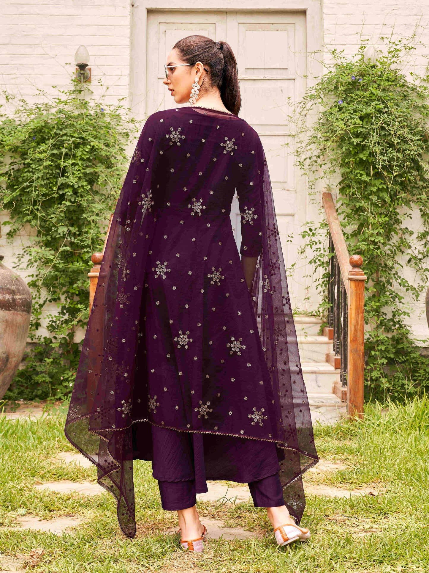 Dhiyona TI Women's Burgundy Poly Crepe Solid Flared Kurta with Pant and Dupatta