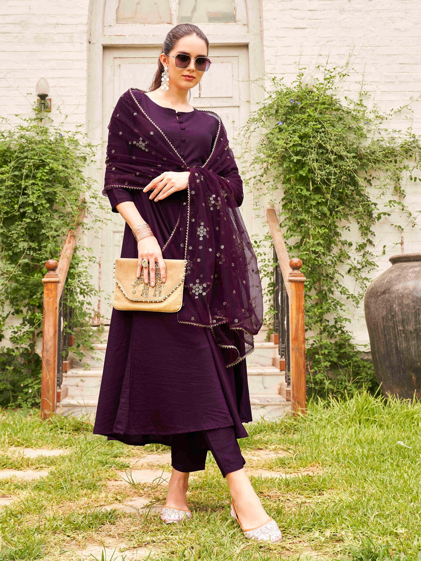Dhiyona TI Women's Burgundy Poly Crepe Solid Flared Kurta with Pant and Dupatta