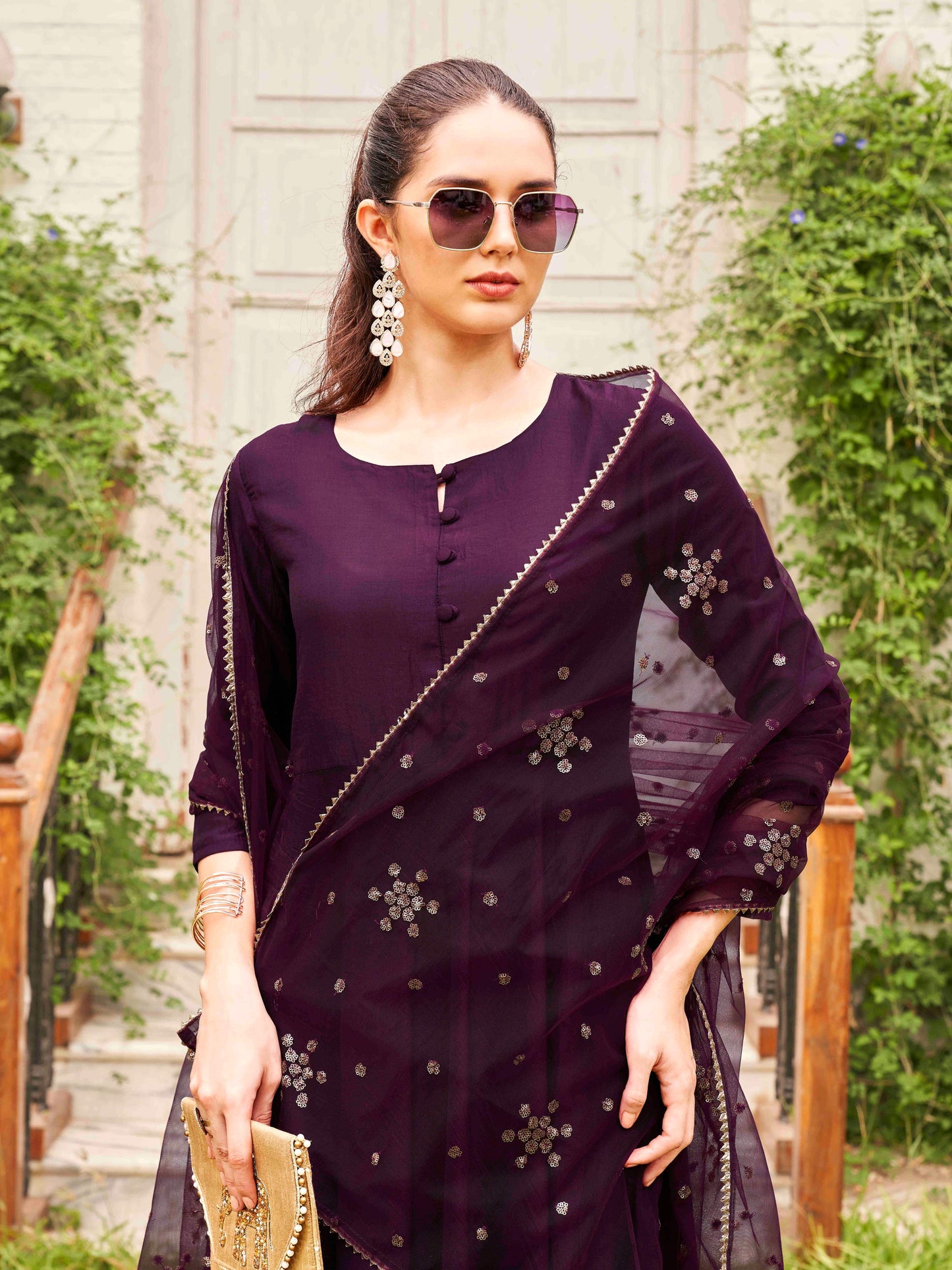 Dhiyona TI Women's Burgundy Poly Crepe Solid Flared Kurta with Pant and Dupatta