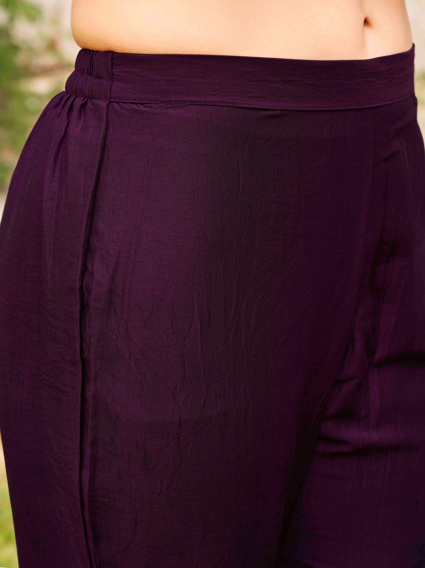 Dhiyona TI Women's Burgundy Poly Crepe Solid Flared Kurta with Pant and Dupatta