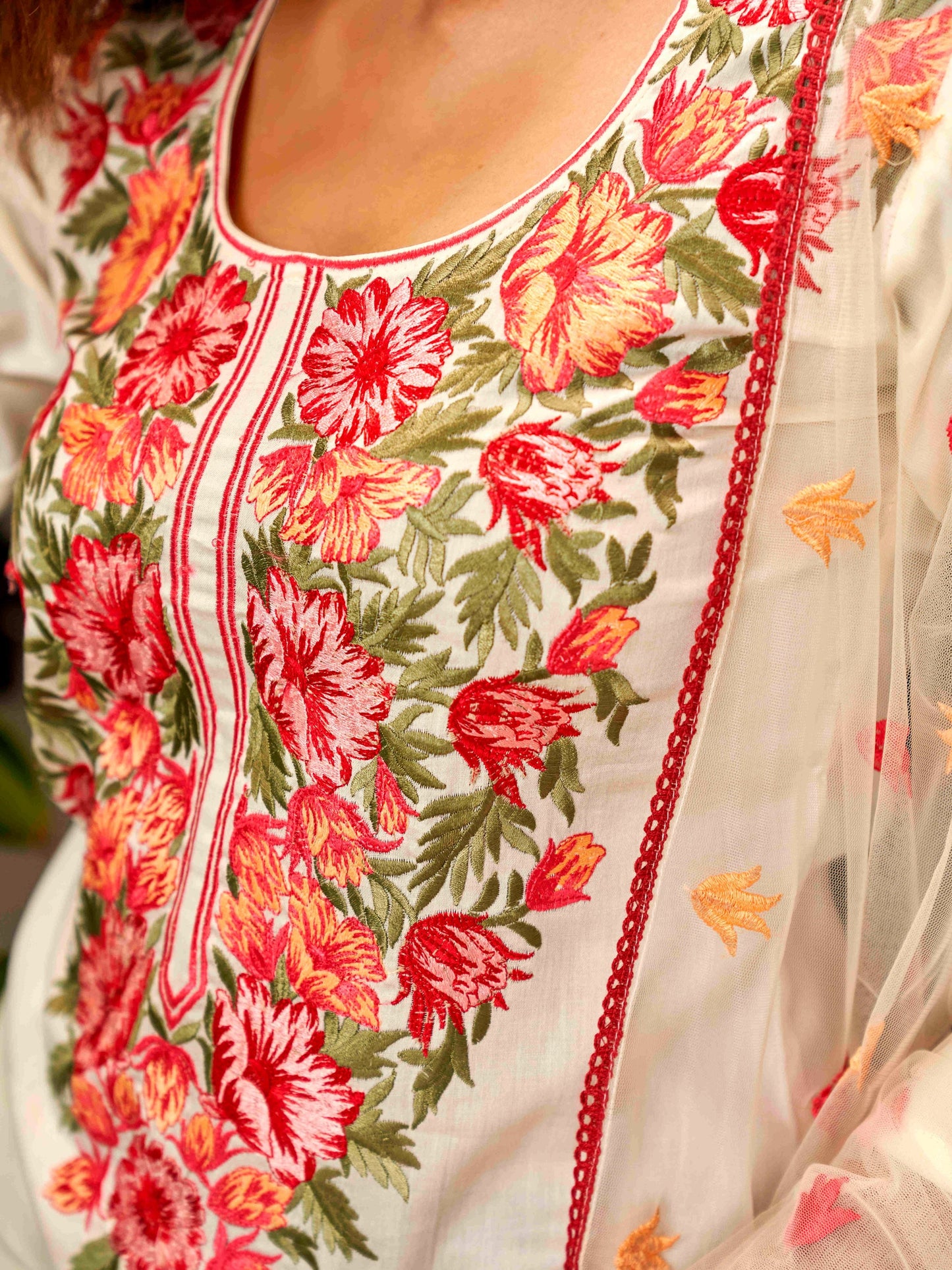 Dhiyona TI Women's Off White Cotton Kurta With Parsi Work Neck And Embroidered Dupatta