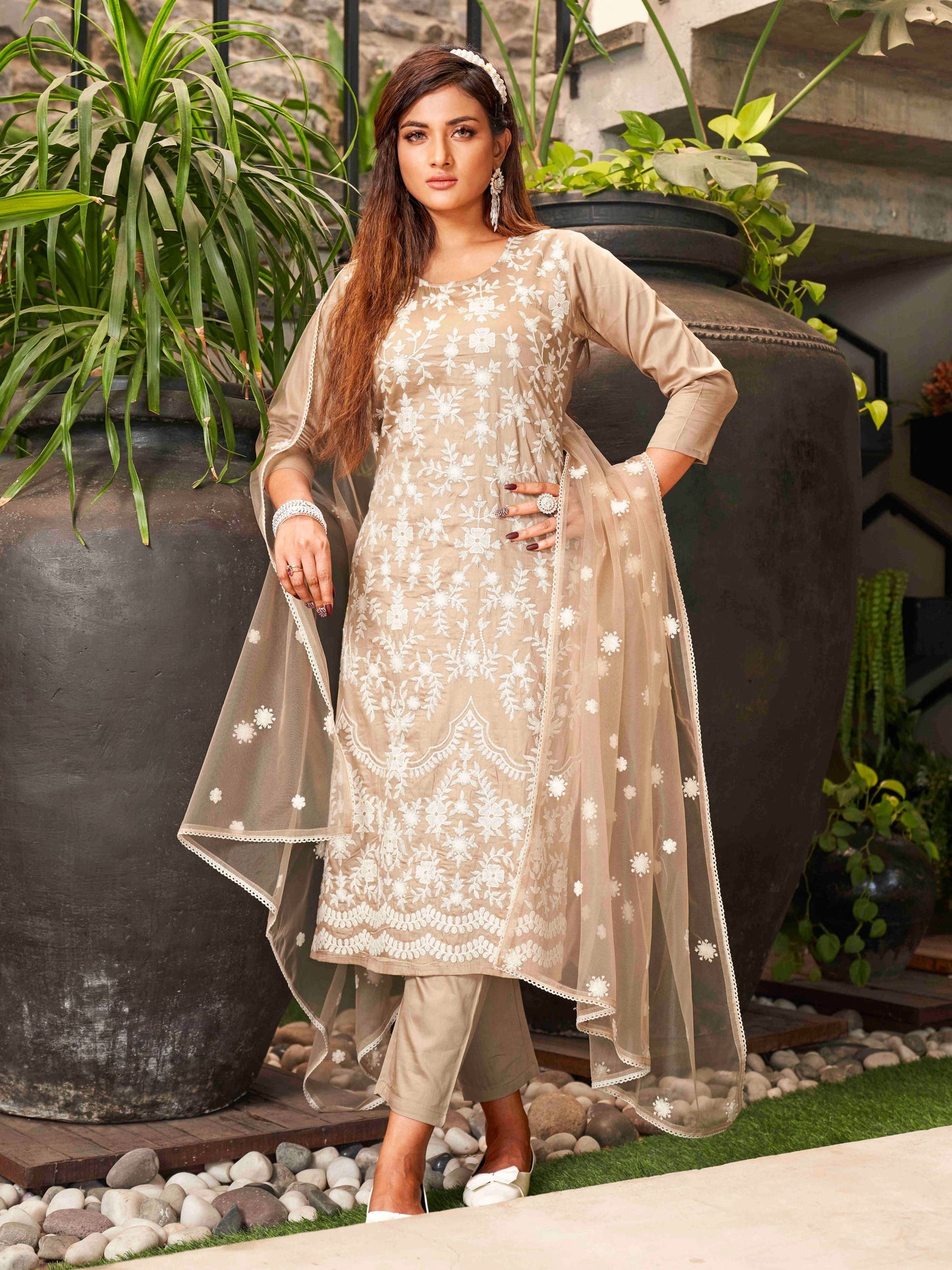Dhiyona TI Women's Light Coffee Cotton Kurta With Chikankaari Work And Embroidered Dupatta
