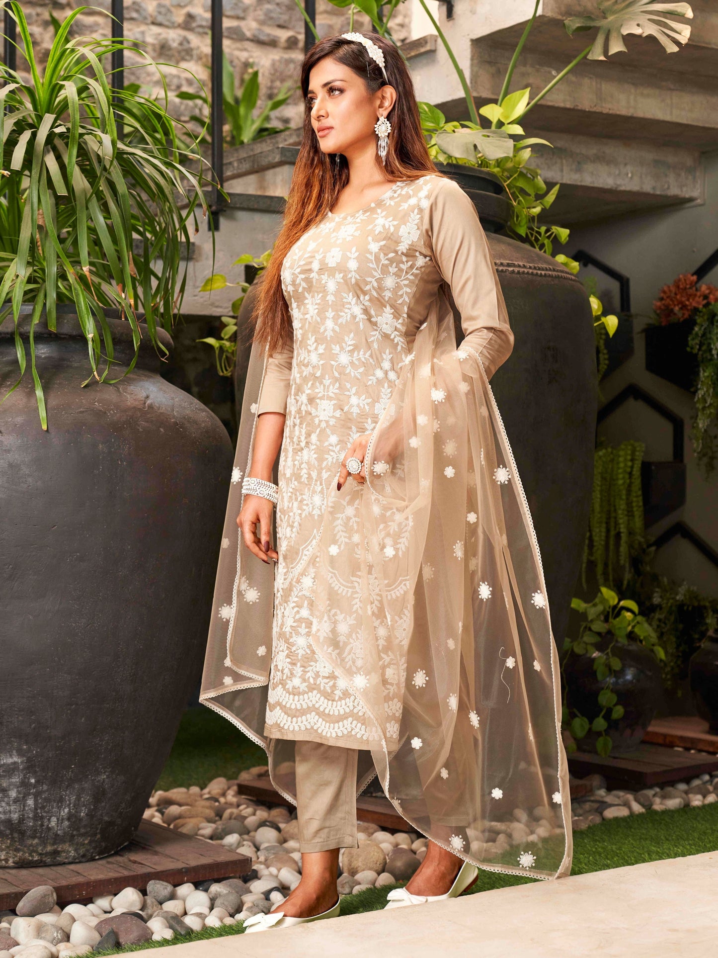 Dhiyona TI Women's Light Coffee Cotton Kurta With Chikankaari Work And Embroidered Dupatta