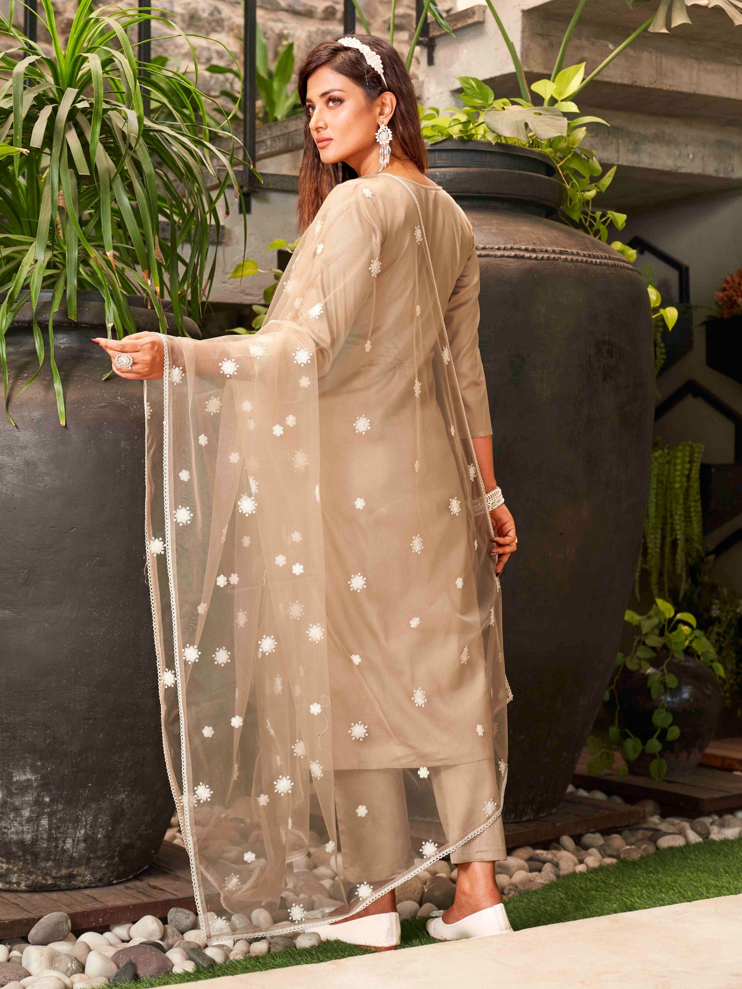 Dhiyona TI Women's Light Coffee Cotton Kurta With Chikankaari Work And Embroidered Dupatta