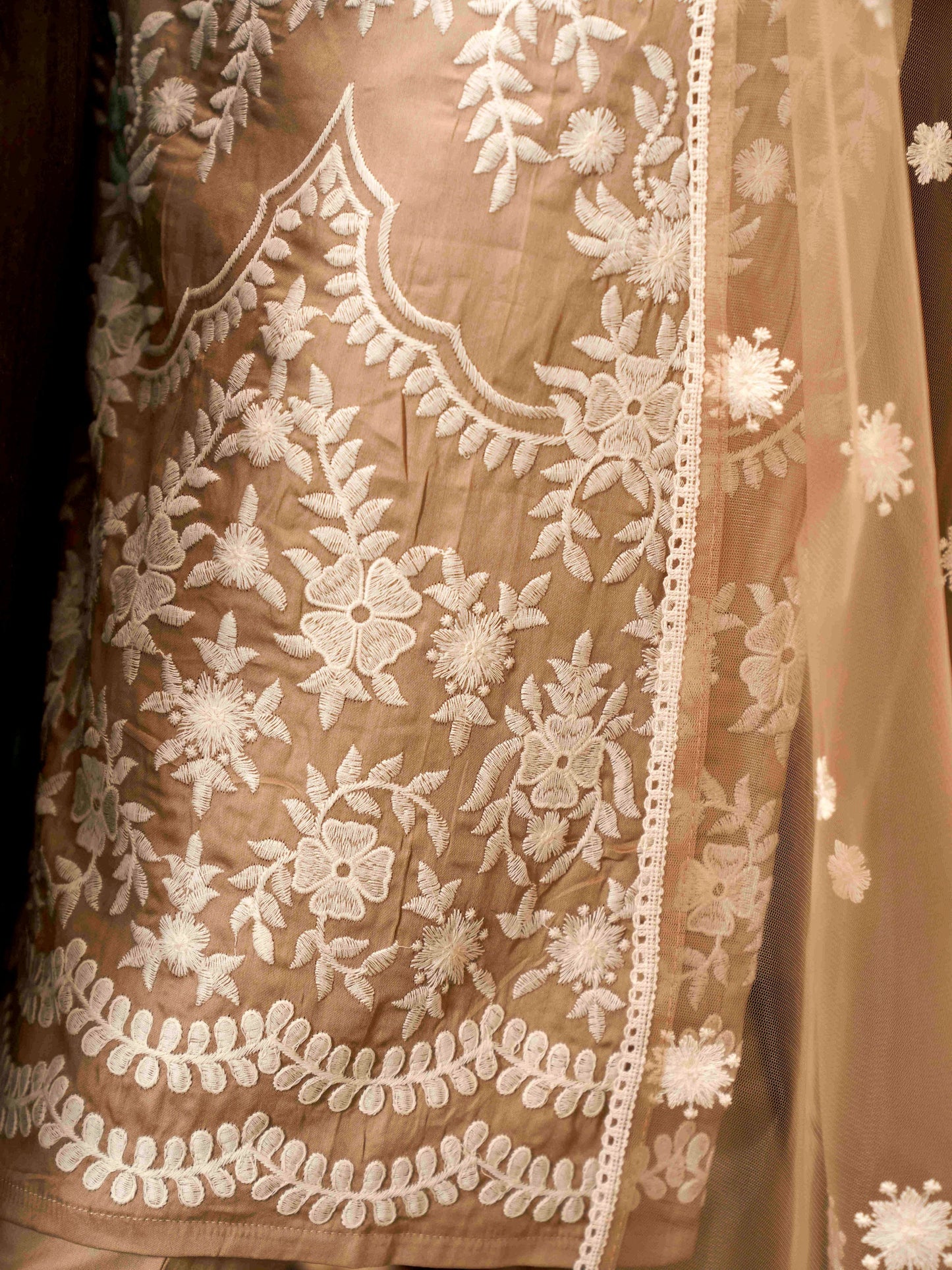 Dhiyona TI Women's Light Coffee Cotton Kurta With Chikankaari Work And Embroidered Dupatta