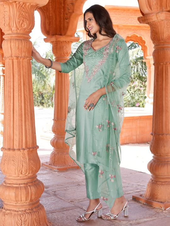 Dhiyona TI Women's Sea Green Embroidery Kurta with Trouser & Dupatta