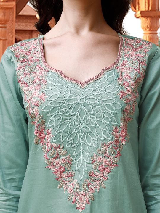 Dhiyona TI Women's Sea Green Embroidery Kurta with Trouser & Dupatta