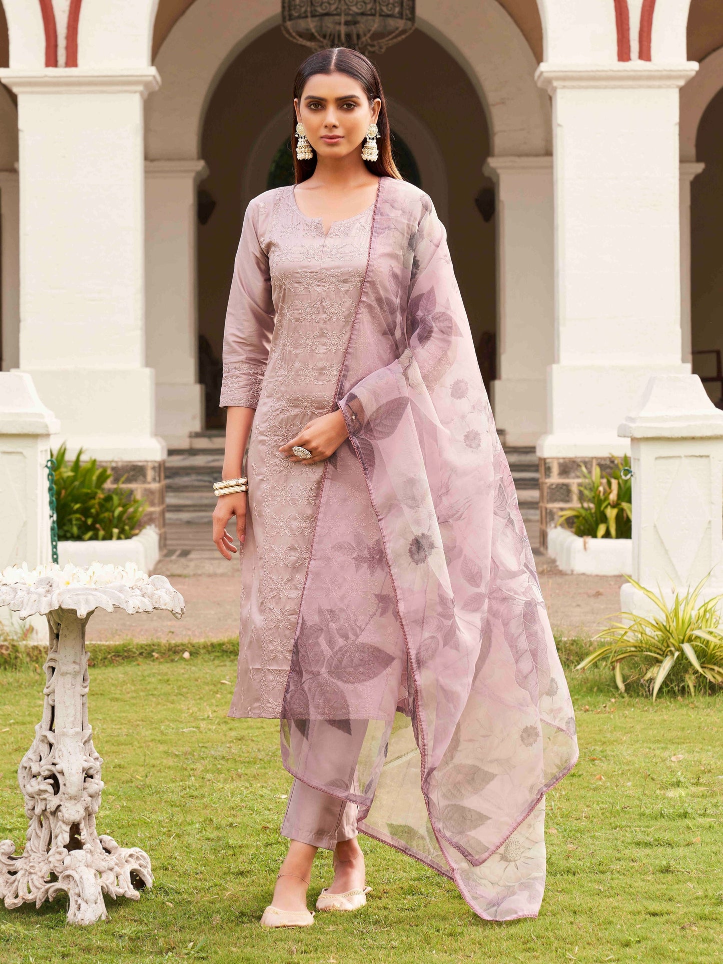 Dhiyona TI Women's Lavender Cotton Embroidery Kurta with Trouser & Dupatta