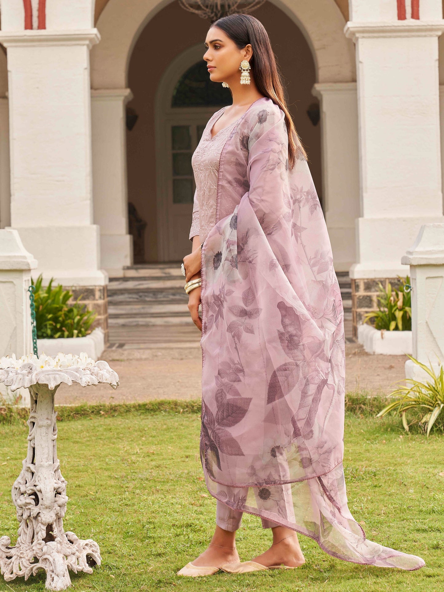 Dhiyona TI Women's Lavender Cotton Embroidery Kurta with Trouser & Dupatta