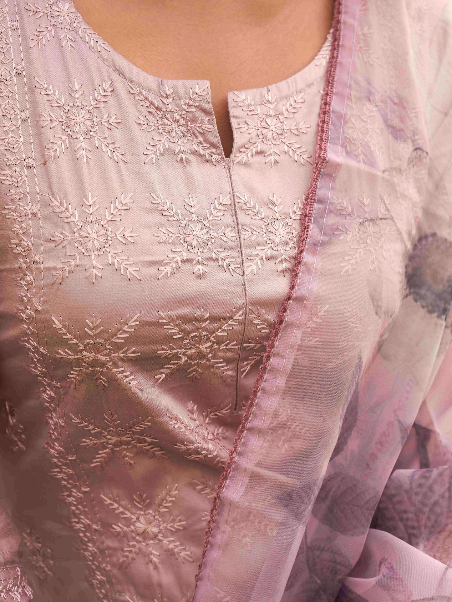 Dhiyona TI Women's Lavender Cotton Embroidery Kurta with Trouser & Dupatta