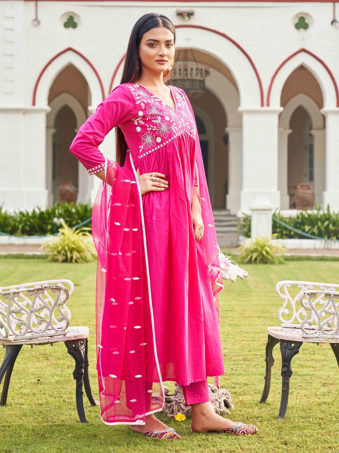 Dhiyona TI Women's Fuchsia Embroidery Anarkali with Net Dupatta & Trouser
