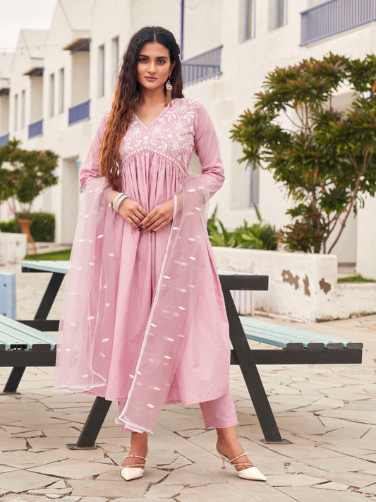 Dhiyona TI Women's Pink Color Embroidery Anarkali Kurta with Pant & Net Dupatta