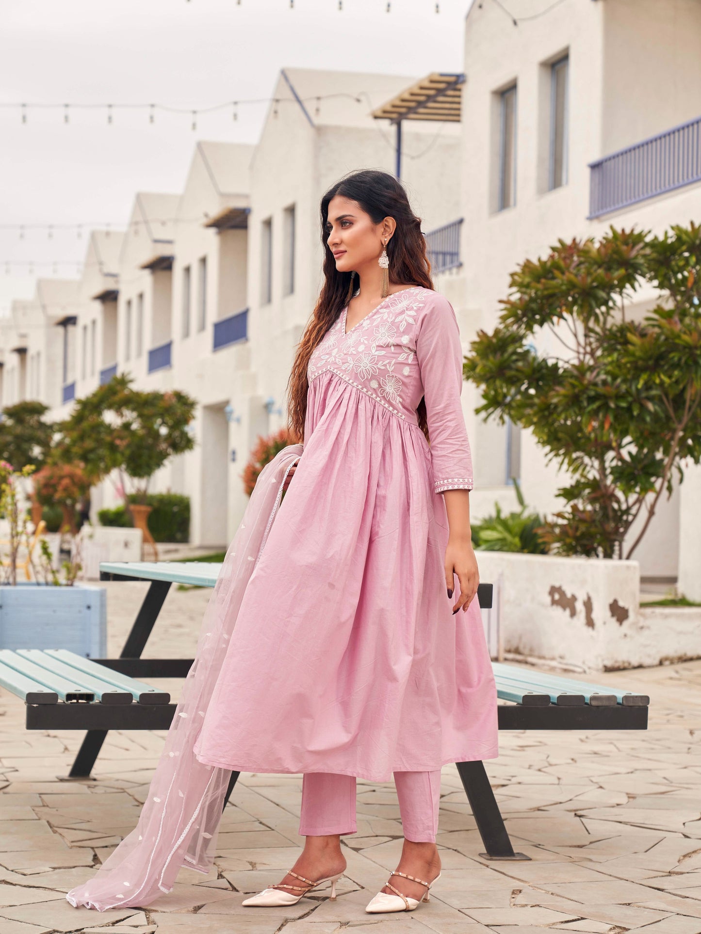 Dhiyona TI Women's Pink Color Embroidery Anarkali Kurta with Pant & Net Dupatta
