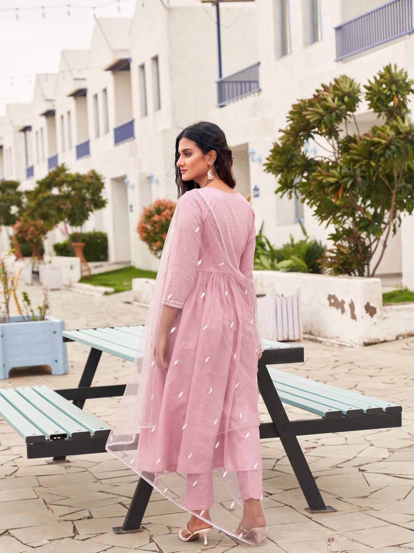 Dhiyona TI Women's Pink Color Embroidery Anarkali Kurta with Pant & Net Dupatta