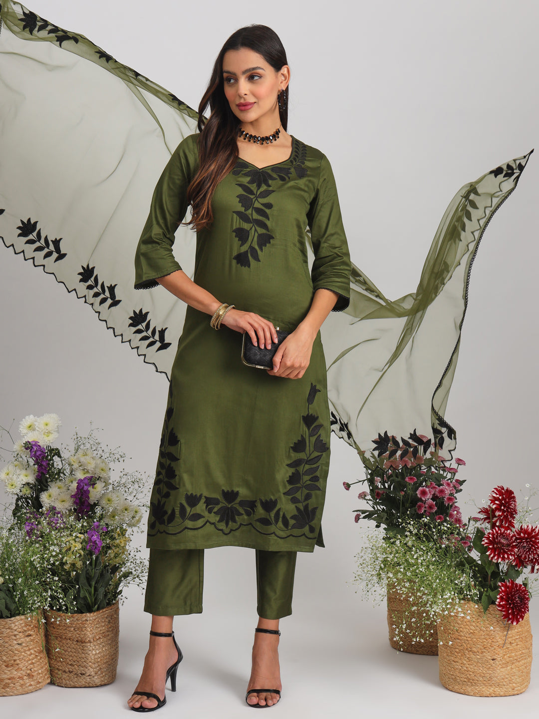 Dhiyona TI Women's Olive Lace Work Embroidered Cotton Kurta With Pant & Dupatta