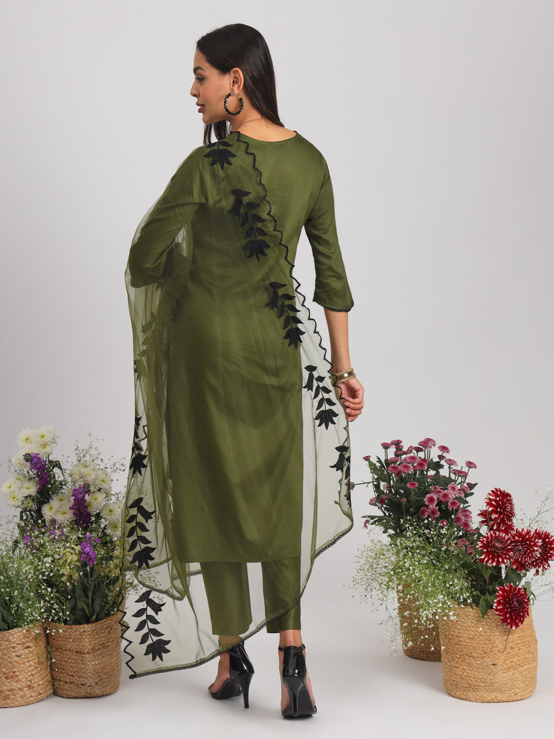 Dhiyona TI Women's Olive Lace Work Embroidered Cotton Kurta With Pant & Dupatta