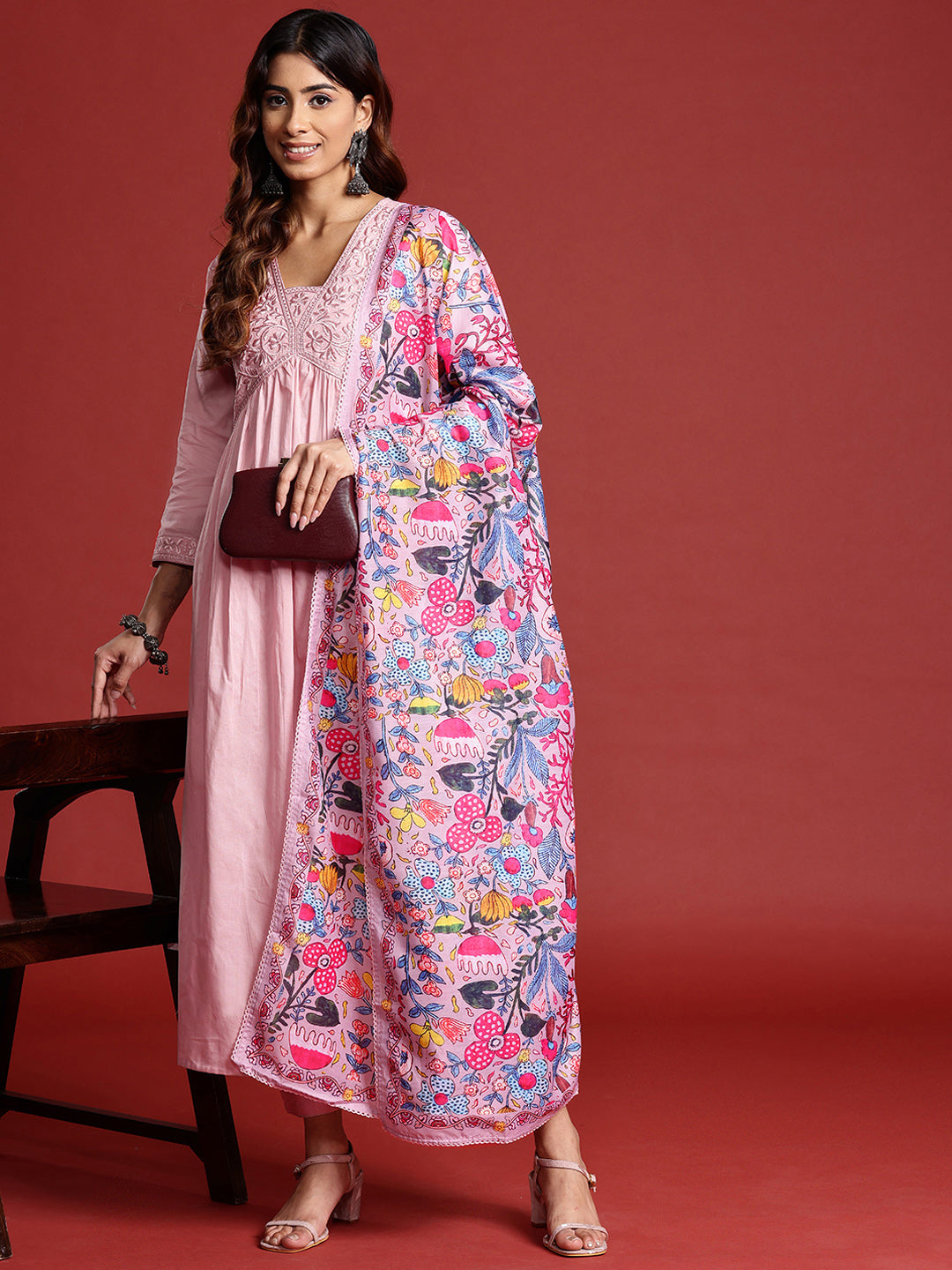 Dhiyona TI Women's Rose Pink Tonal Thread Embroidered Alia Cut Kurta With Pant & Dupatta
