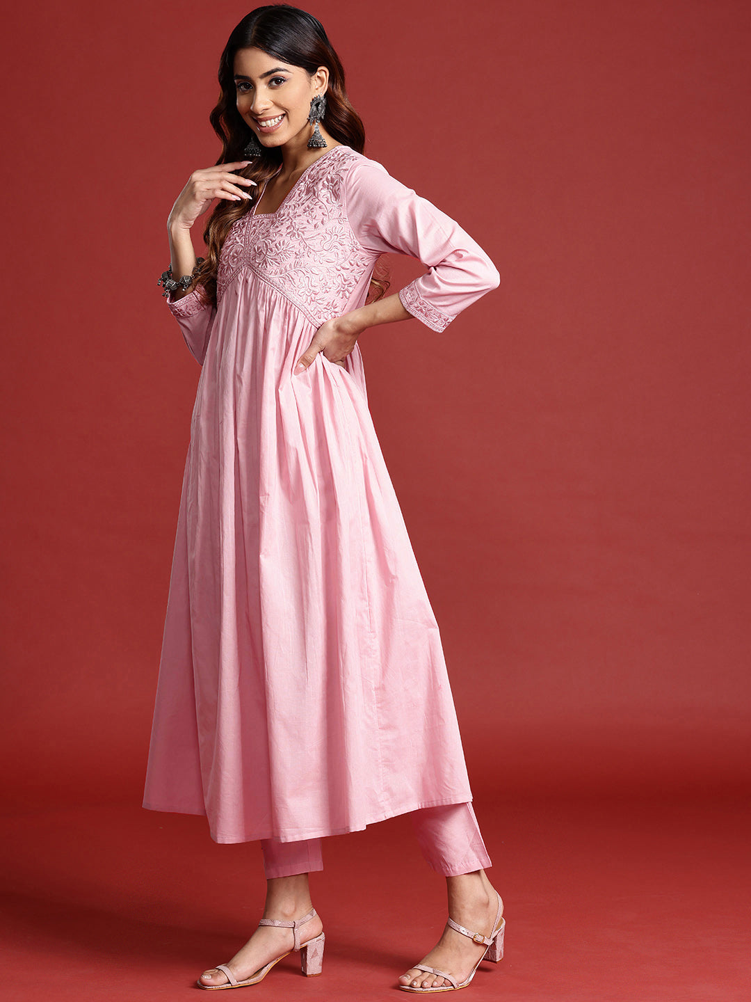 Dhiyona TI Women's Rose Pink Tonal Thread Embroidered Alia Cut Kurta With Pant & Dupatta