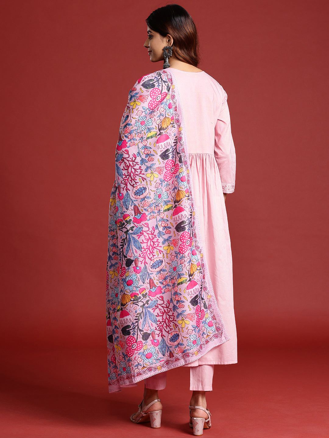 Dhiyona TI Women's Rose Pink Tonal Thread Embroidered Alia Cut Kurta With Pant & Dupatta